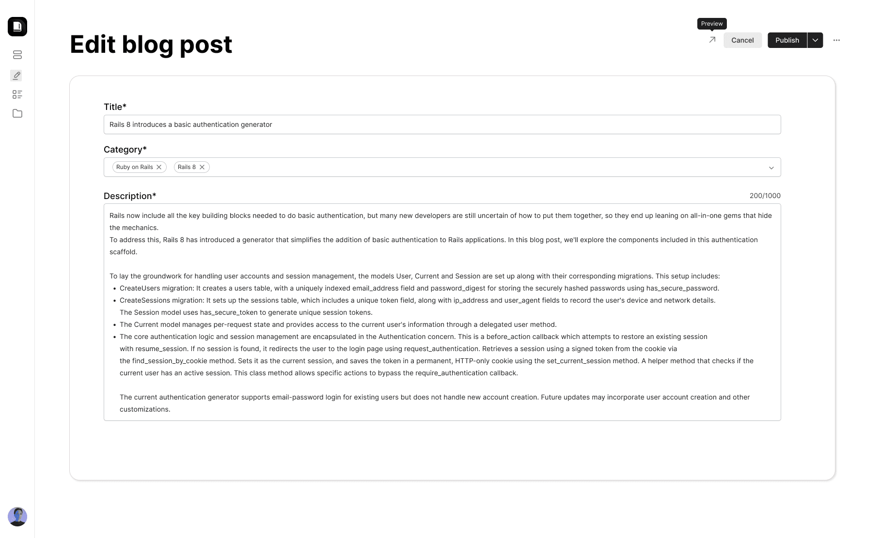 Edit post page with preview button