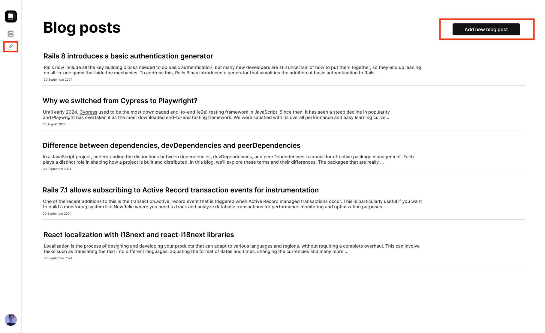 Listing page with 'Add new blog post' button