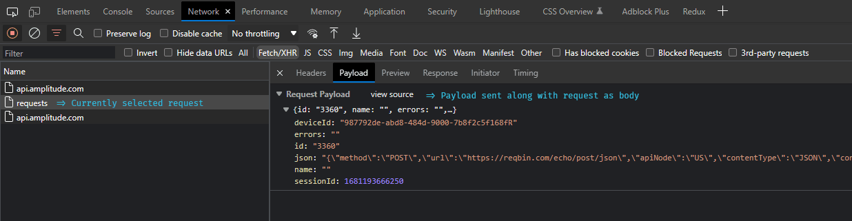 Analyzing request payload in the Network tab